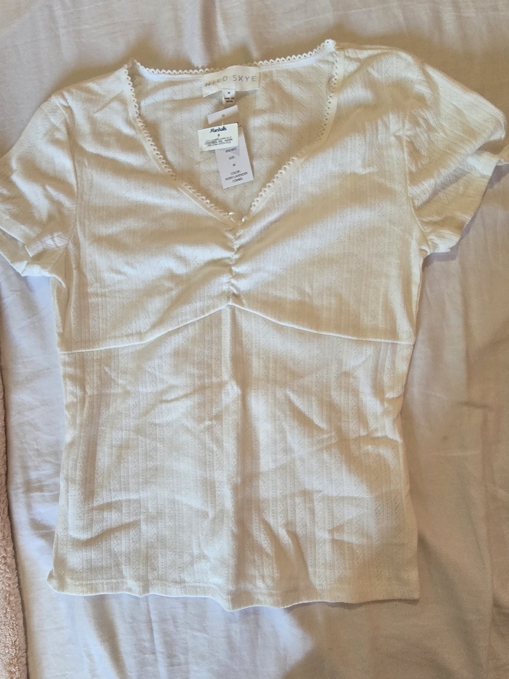 Odd Molly Cream Short Sleeve Knit Tee with V-Neck Trim